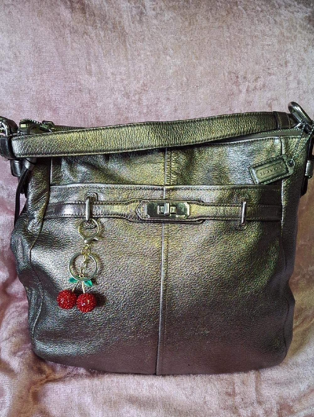 EUC Coach Metallic Pewter Leather Shoulder Bag with Red Cherry Charm